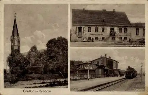 Ak Bredow Brieselang im Havelland, Kirche, Gasthof Kraatz, Bahnhof