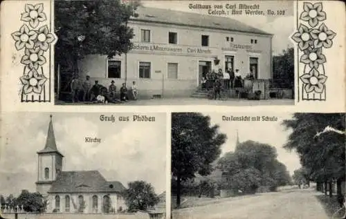 Ak Phöben Werder an der Havel, Kirche, Gasthaus Carl Albrecht, Geschäft, Bäckerei, Schule