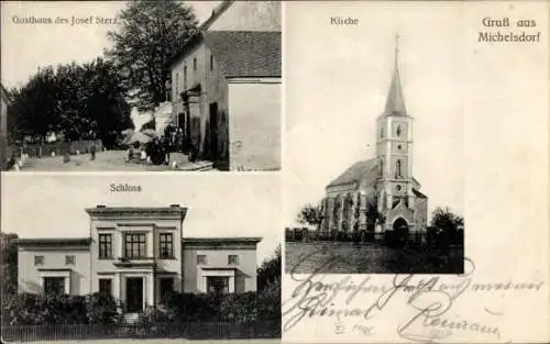 Ak Miszkowice Michelsdorf Niederschlesien, Gasthaus des Josef Sterz, Schloss, Kirche