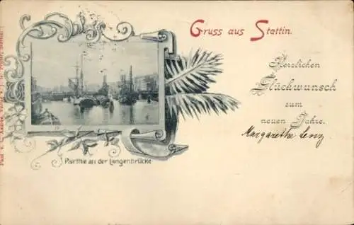 Passepartout Ak Szczecin Stettin Pommern, an der Langenbrücke, Fröhliches Neujahr