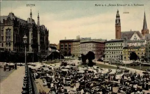 Ak Szczecin Stettin Pommern, Markt an der Grünen Schanze, Rathaus, Marktstände