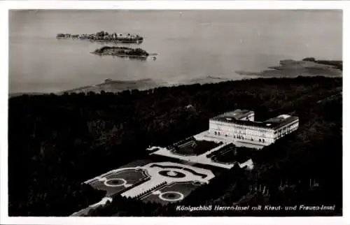 Ak Herrenchiemsee Herreninsel Chiemsee Oberbayern, Fliegeraufnahme, Königsschloss, Krautinsel