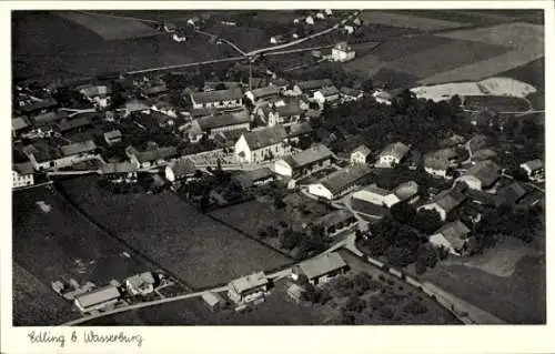 Ak Edling in Oberbayern, Luftaufnahme von Edling, Wasserburg, mehrere Dächer, Felder, klare Sicht