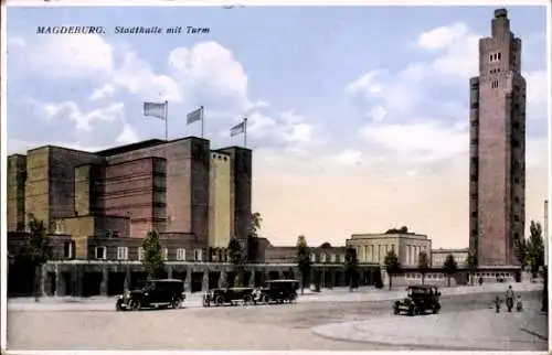 Ak Magdeburg an der Elbe, Stadthalle, Turm, Autos