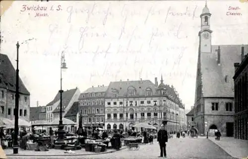Ak Zwickau in Sachsen, Markt, Stadt-Theater