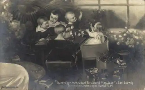 Ak Erzherzoge Franz Josef Ferdinand Max, Josef u. Carl Ludwig, spielend mit Erzherzogin Maria, 1834