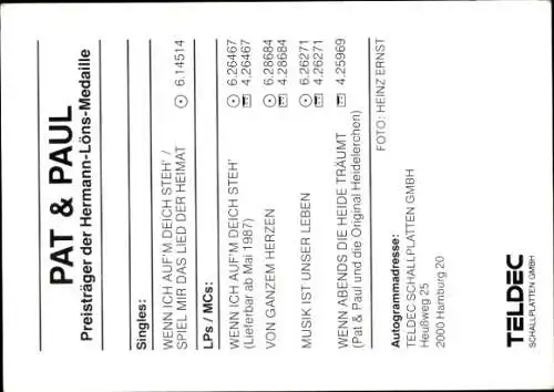 Foto Musikgruppe Pat und Paul, Portrait, Autogramm