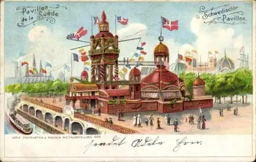 Litho Paris, Weltausstellung 1900, Schwedischer Pavillon, Flaggen