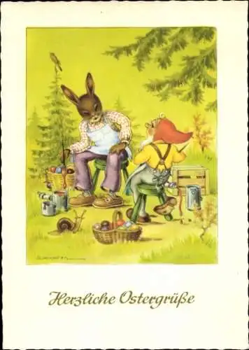 Künstler Ak Glückwunsch Ostern, Osterhase, Zwerg
