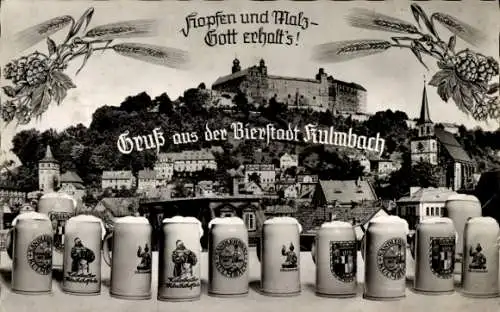 Ak Hopfen und Malz, Gott erhalt's, Gruß aus der Bierstadt Kulmbach, Bierkrüge