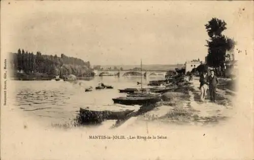 Ak Mantes la Jolie Yvelines, Les Rives de la Seine, Brücke, Boote