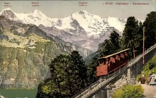 Ak Interlaken Kt. Bern Schweiz, Harderbahn, Standseilbahn, Eiger, Mönch, Jungfrau