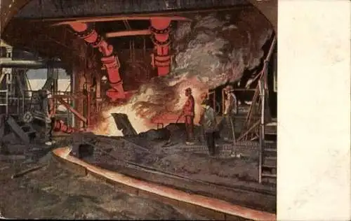 Künstler Ak Pohle, Hochofenwerk, Wendegang der Eisenbahnschiene