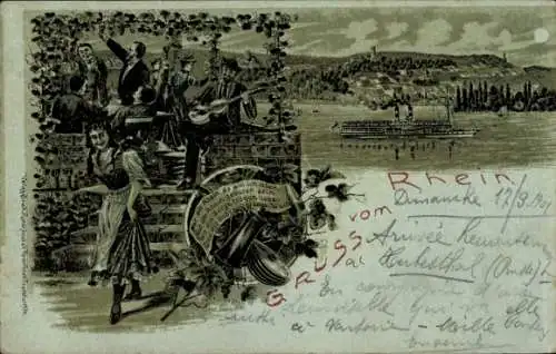 Mondschein Litho Gruß vom Rhein, Dampfer, Musikanten, Tracht
