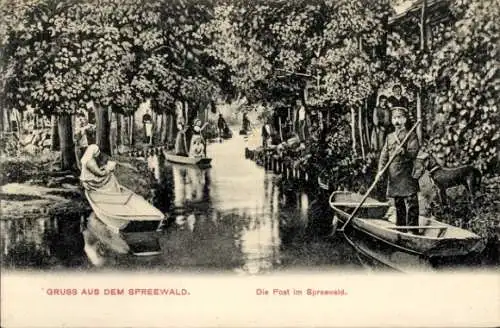 Ak Spreewald, Spreewälderin in Tracht, Motiv von Wasserwegen, Booten, Bäumen, und Menschen, Gr...