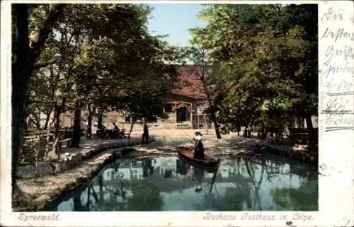 Ak Spreewald, Spreewälderin in Tracht, Landschaft mit Gasthaus, Boot auf Wasser, Bäume, maleri...