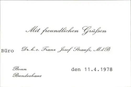 Grüße vom Büro Dr.h.c. Franz Josef Strauss, 11.04.1978