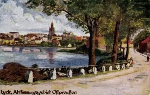 Künstler Ak Ełk Lyck Masuren Ostpreußen, Abstimmungsgebiet, Wasserpartie mit Blick zur Stadt