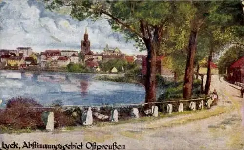 Künstler Ak Ełk Lyck Masuren Ostpreußen, Abstimmungsgebiet, Wasserpartie mit Blick zur Stadt