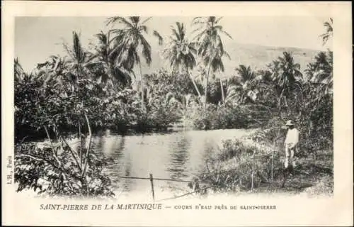 Ak Saint Pierre Martinique, Kurs von Wasser, Palmen, Person am Ufer, Landschaft