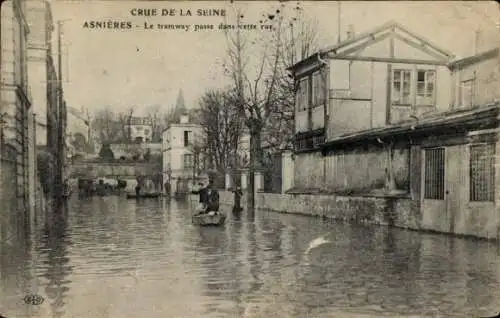 Ak Asnières sur Seine Hauts-de-Seine, Crue de la Seine, Tramway