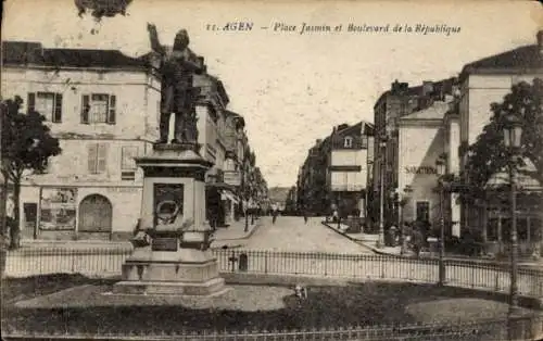 Ak Agen Lot et Garonne, Platz Jasmin, Boulevard de la République, Statue