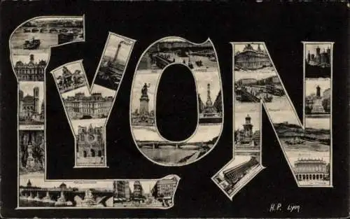 Ak Lyon Rhône, Schwarz-weiß-Bilder der Stadt  große Buchstaben YON