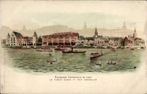 Ak Paris V, Vorschaubild der Weltausstellung 1900, alte Stadtansicht, Boote, Architektur