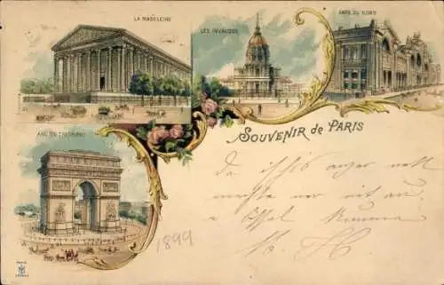 Ak Paris V, Verschiedene Sehenswürdigkeiten: La Madeleine, Les Invalides, Gare du Nord, Arc de...
