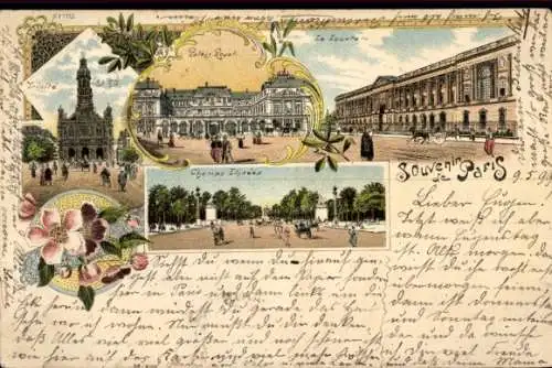 Ak Paris I Louvre, Postkarte mit Louvre, Palais Royal, Trinité, Blumen, farbig gestaltet