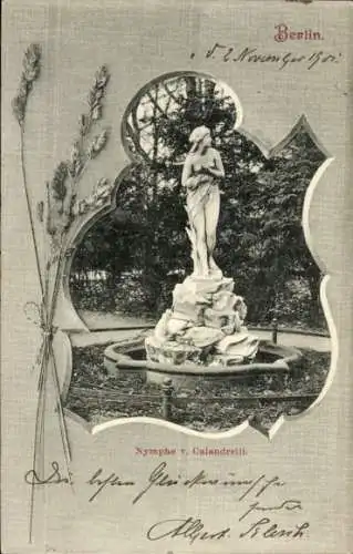 Ak Berlin Tiergarten, Skulptur Nymphe von Calandrelli, Parkszene, handschriftlicher Text