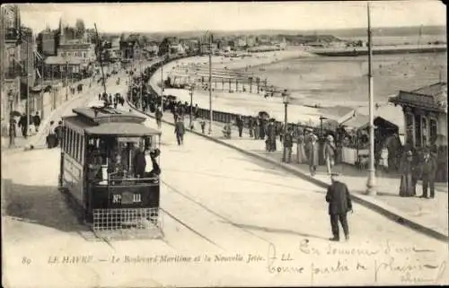 Ak Le Havre Seine Maritime,  Boulevard Maritime, Nouvelle Jetée, Straßenbahn, Strand