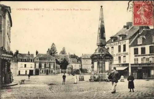 CPA Gournay-en-Bray Seine Maritime, La Fontaine et la Place Nationale