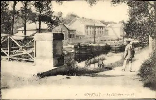 Ak Gournay sur Marne Seine Saint Denis, Ansicht eines Kanals, Mann mit Hund, Fabrik im Hinterg...