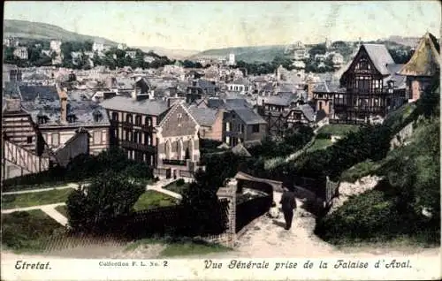Ak Étretat Seine Maritime, Panorama von  Falaise d'Aval, historische Architektur, Küstenlandsc...