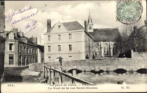 Ak Fécamp Seine Maritime, Historische Architektur, Brücke, Kirche, Fluss, malerische Landschaft