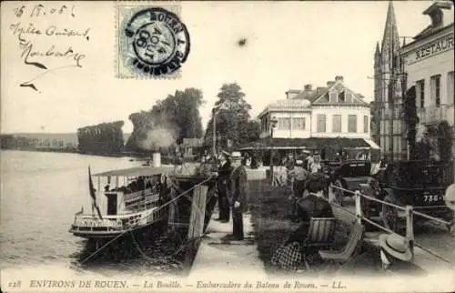 Ak Rouen Seine Maritime, Schiff im Hafen, Menschen am Ufer, Restaurant, emsiger Wasserverkehr,...