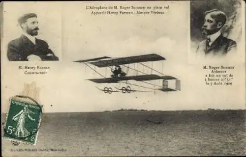 CPA M. Henry Farman, L'Aéroplane de M. Roger Sommer en plein vol