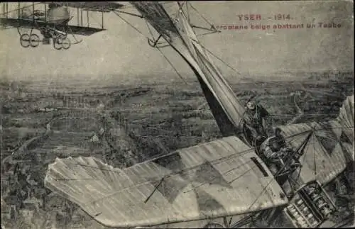 CPA Yser 1914, Aeroplane belge abattant un Taube