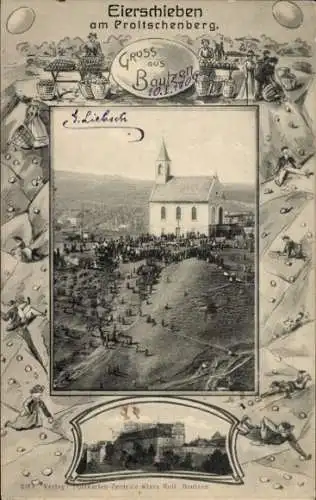 Ak Bautzen in der Oberlausitz, Eierschieben am Proitschenberg, Kirche, Osterbrauch