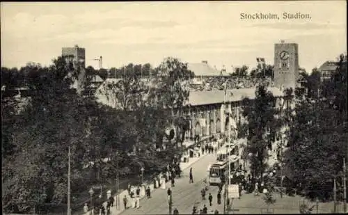Ak Stockholm Schweden, Stadion, Menschen, Fahrzeuge, Bäume, Wolken, Architektur