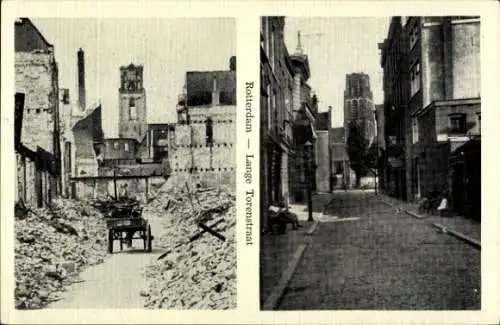 Ak Rotterdam Südholland Niederlande, Zerstörte Gebäude, Trümmerlandschaft, Lange Torenstraat