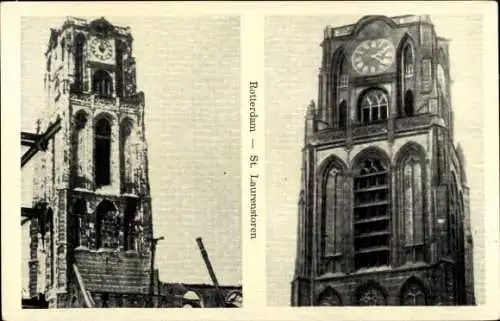 Ak Rotterdam Südholland Niederlande, Zwei Ansichten der St. Laurenstoren, Uhrturm, historische...