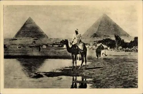 Ak Cairo Kairo Ägypten, Kamele, Pyramiden, Wasser, alte Architektur