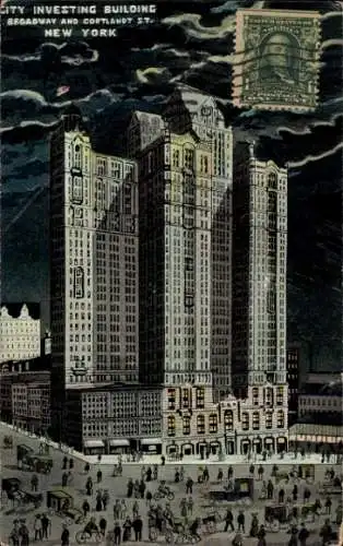Ak New York City USA, City Investing Building, Broadway, Cortlandt St., Nachtansicht