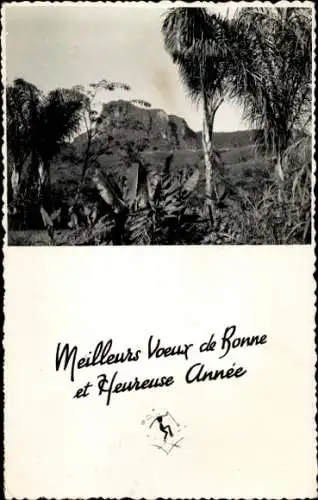 Ak Madagaskar Madagascar, Schwarze und weiße Fotografie, Berglandschaft, Palmen, Neujahrswünsche