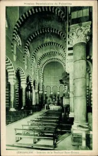 Ak Jerusalem Israel, Innensicht der Basilique Saint-Etienne, Kirchenbank, Säulen, Bogen