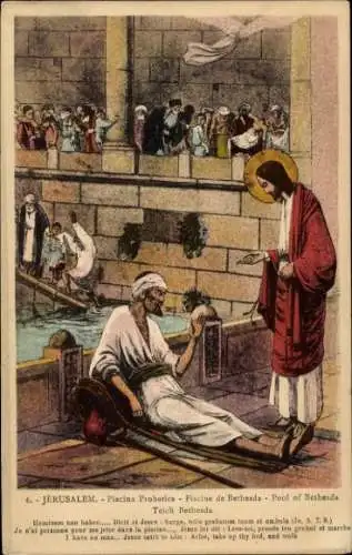 Ak Jerusalem Israel, Jesus heilt, Bethesda-Pool, Männchen auf Liege, Menschenmenge, biblische Sze