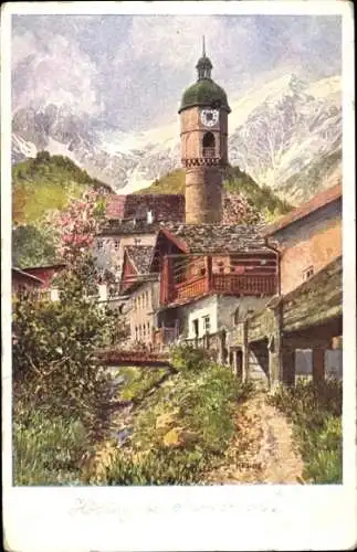 Ak Hötting Innsbruck in Tirol, Berglandschaft, Uhrturm, Häuser, Blumen, Bach