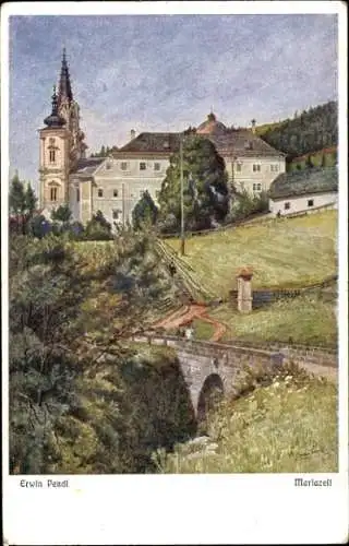Künstler Ak Pendl, Erwin, Mariazell Steiermark, Teilansicht, Brücke